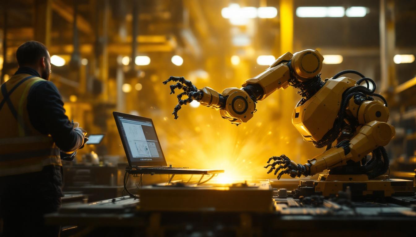 A photograph of a skilled technician programming or operating an industrial robot performing a backflip maneuver