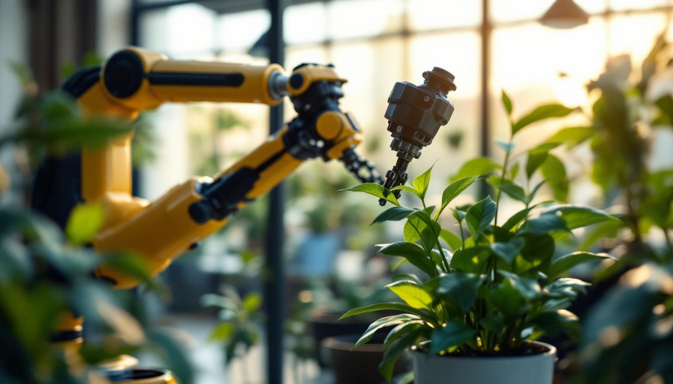 A photograph of a sleek industrial robotic arm interacting with a vibrant indoor plant