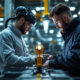 A photograph of a skilled technician working alongside an industrial robot in a modern manufacturing setting