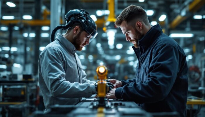 A photograph of a skilled technician working alongside an industrial robot in a modern manufacturing setting