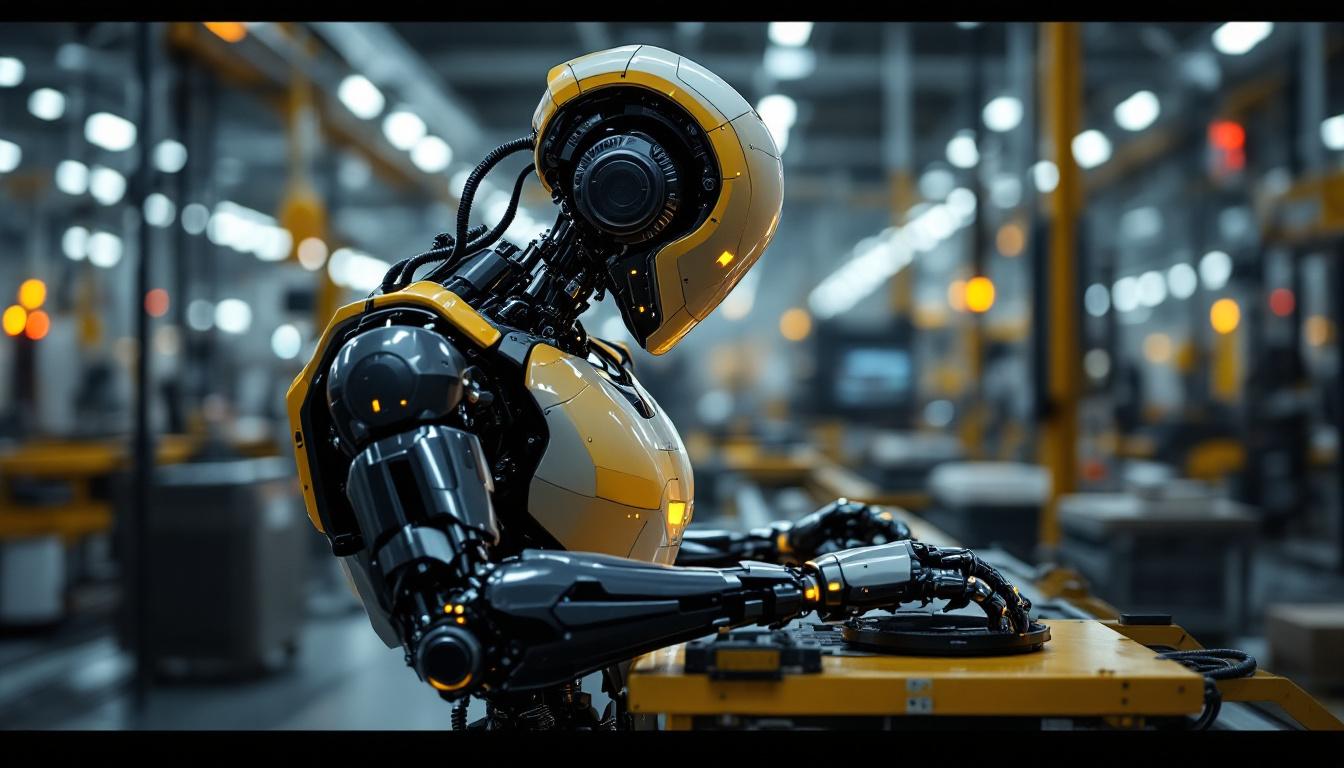 A photograph of a sleek industrial robot in action within a modern manufacturing environment