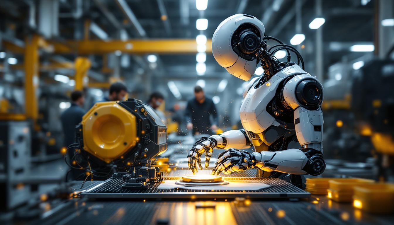 A photograph of a sleek industrial robot in action within a modern manufacturing environment