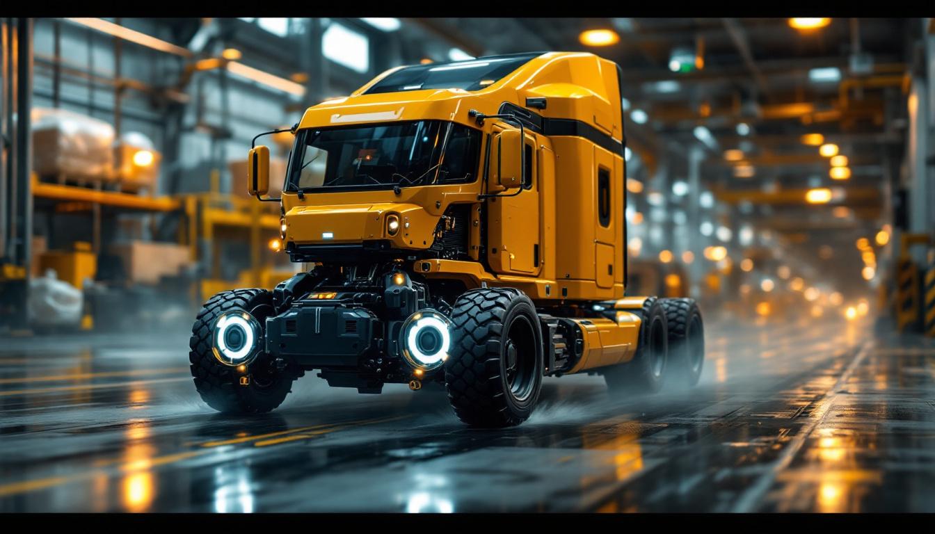 A photograph of a remote-controlled semi-truck navigating a dynamic industrial environment