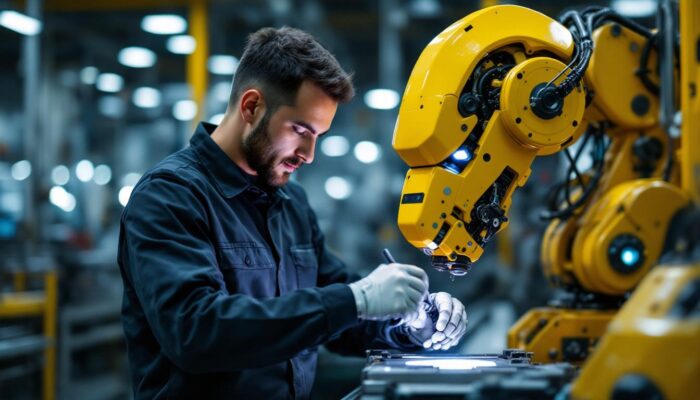 A photograph of a skilled technician working alongside an industrial robot in a dynamic manufacturing environment