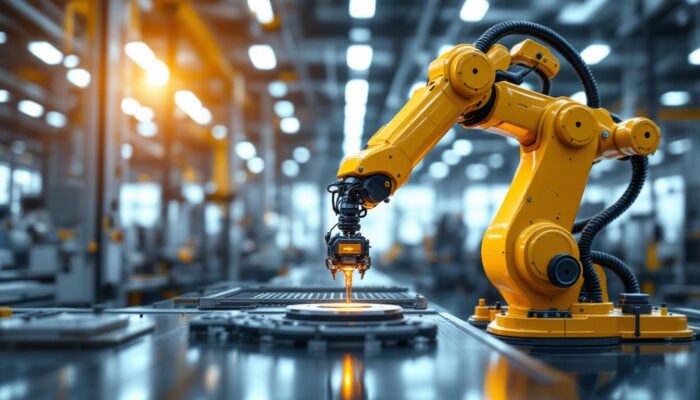 A photograph of a sleek industrial robotic arm in action within a modern manufacturing facility