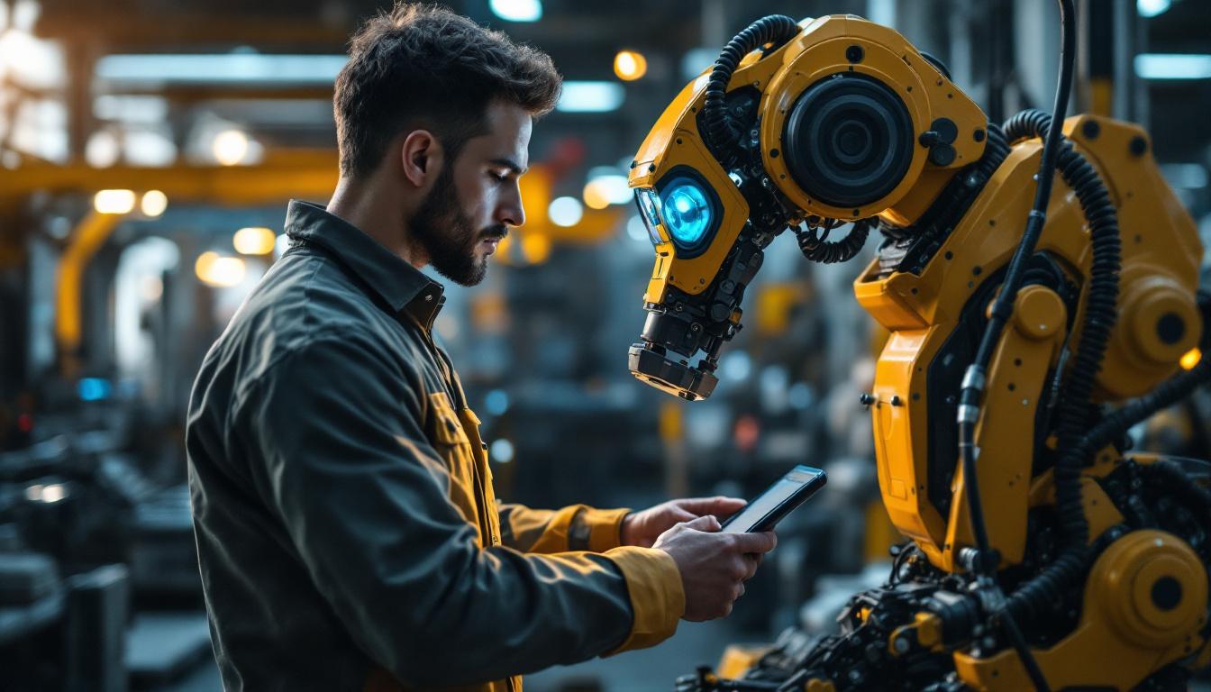A photograph of a skilled technician programming or operating an industrial robot in a modern manufacturing facility