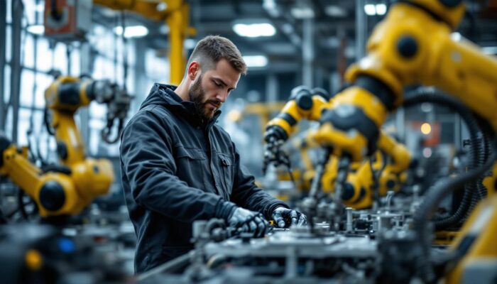 A photograph of a skilled technician demonstrating the integration of robotic arms in an industrial setting