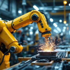 A photograph of a dynamic industrial robot in action within a bustling manufacturing environment