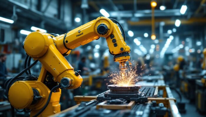 A photograph of a dynamic industrial robot in action within a bustling manufacturing environment