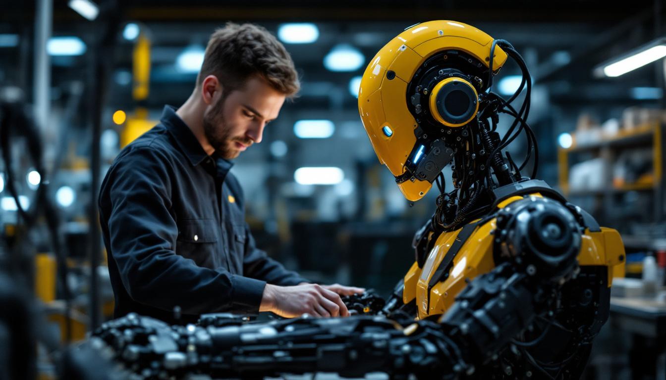 A photograph of a skilled intern working hands-on with an industrial robot in a modern workshop setting