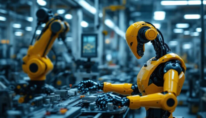 A photograph of capture a photograph of a modern industrial robot in action on a factory floor