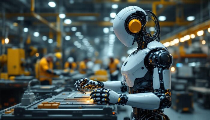 A photograph of a sleek industrial robot in action