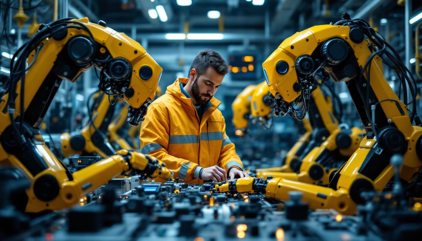 A photograph of a chemical engineer working alongside advanced industrial robots in a modern laboratory or manufacturing setting