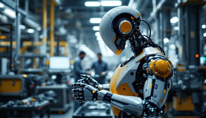 A photograph of a sleek industrial robot in action within a modern manufacturing facility