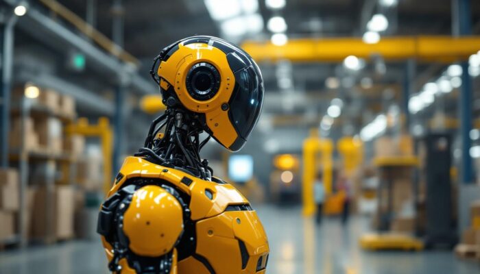 A photograph of a sleek industrial robot in action within a modern warehouse setting