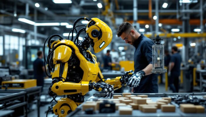 A photograph of a sleek industrial robot in action on a manufacturing floor