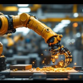 A photograph of a sleek industrial robotic arm in action