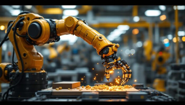 A photograph of a sleek industrial robotic arm in action
