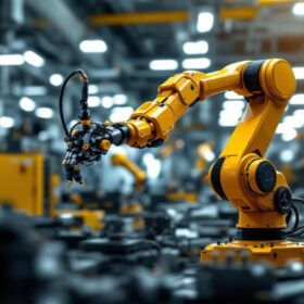 A photograph of a sleek industrial robotic arm in action within a modern manufacturing environment