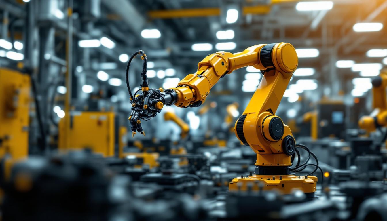 A photograph of a sleek industrial robotic arm in action within a modern manufacturing environment