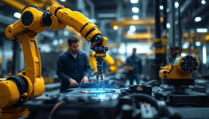 A photograph of a dynamic industrial setting featuring a robotic arm in action