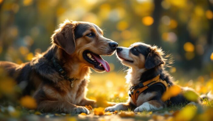 A photograph of a friendly dog interacting playfully with a person in a vibrant outdoor setting