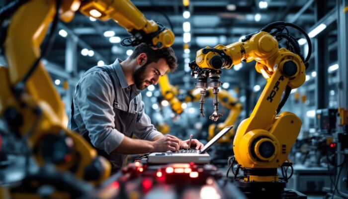 A photograph of a skilled technician working with industrial robotic arms in a modern manufacturing setting