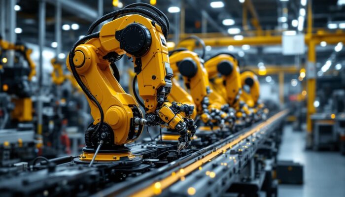 A photograph of a dynamic industrial robotics setup in action