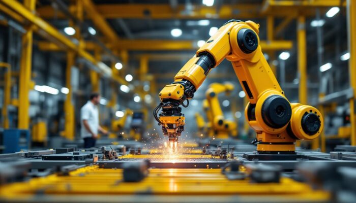 A photograph of a dynamic industrial robotic arm in action