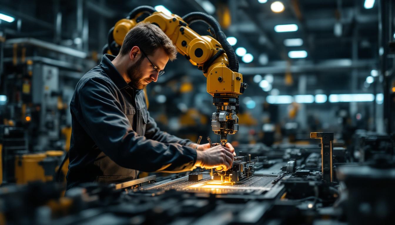 A photograph of a skilled technician operating an industrial robotic arm in a factory setting