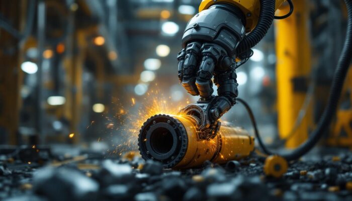 A photograph of a robotic arm meticulously dismantling a section of a decommissioned nuclear facility