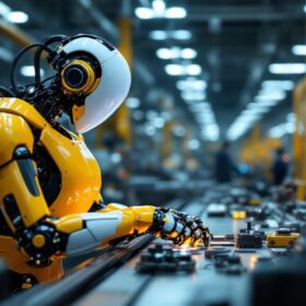 A photograph of a sleek industrial robot in action on a factory floor