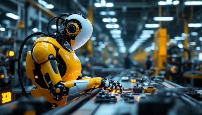 A photograph of a sleek industrial robot in action on a factory floor