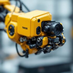 A photograph of a miniature camera integrated into an industrial robot's arm