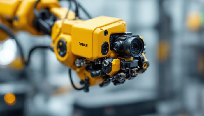 A photograph of a miniature camera integrated into an industrial robot's arm