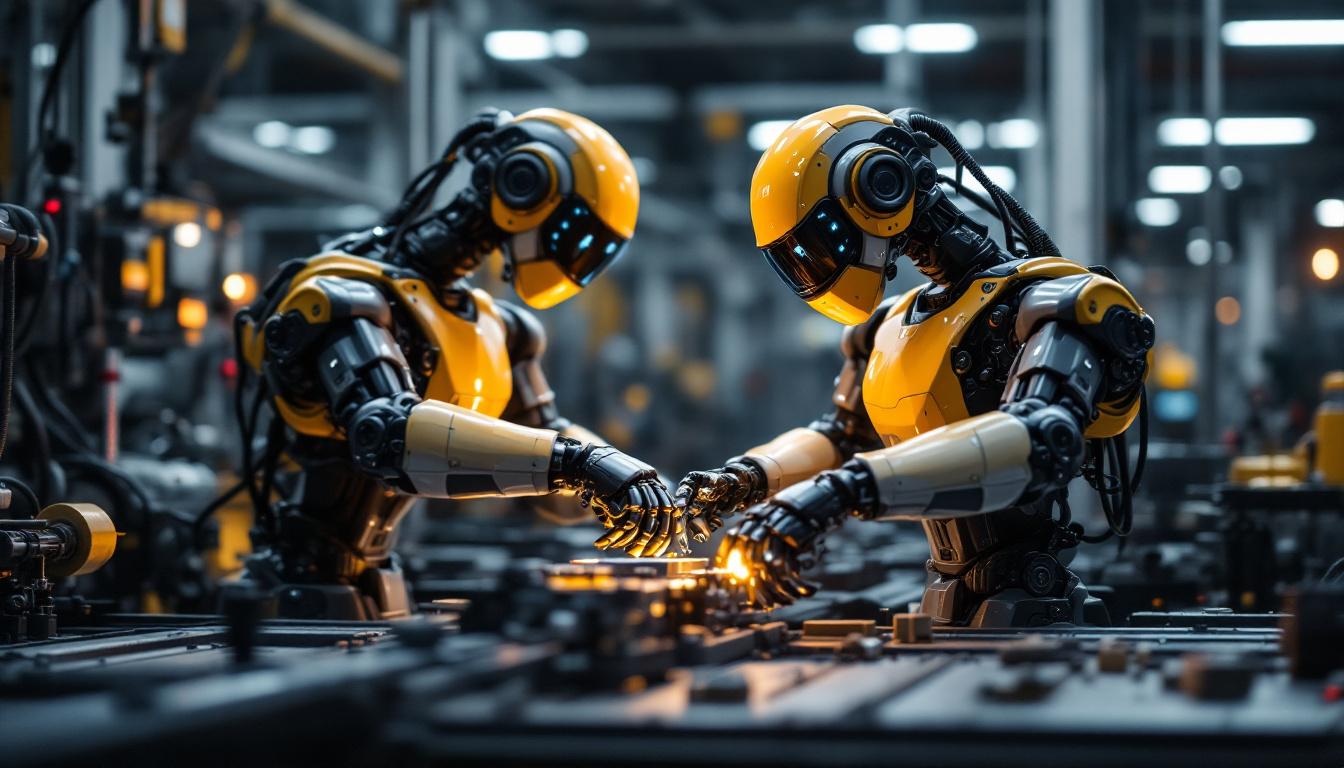 A photograph of a small industrial robot in action within a manufacturing environment