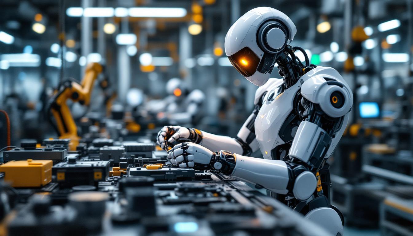 A photograph of a sleek industrial robot in action within a modern manufacturing environment