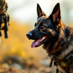 A photograph of a military k9 dog in action alongside its handler