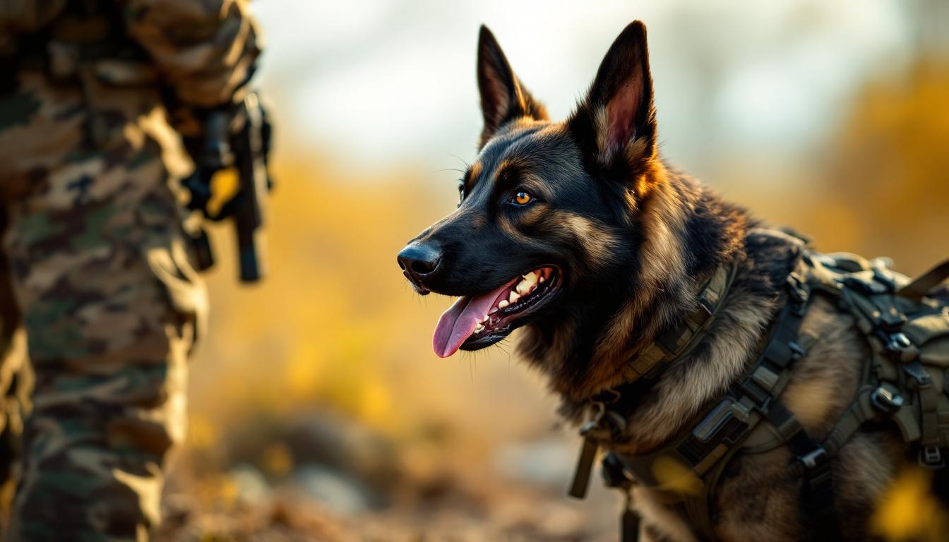 A photograph of a military k9 dog in action alongside its handler
