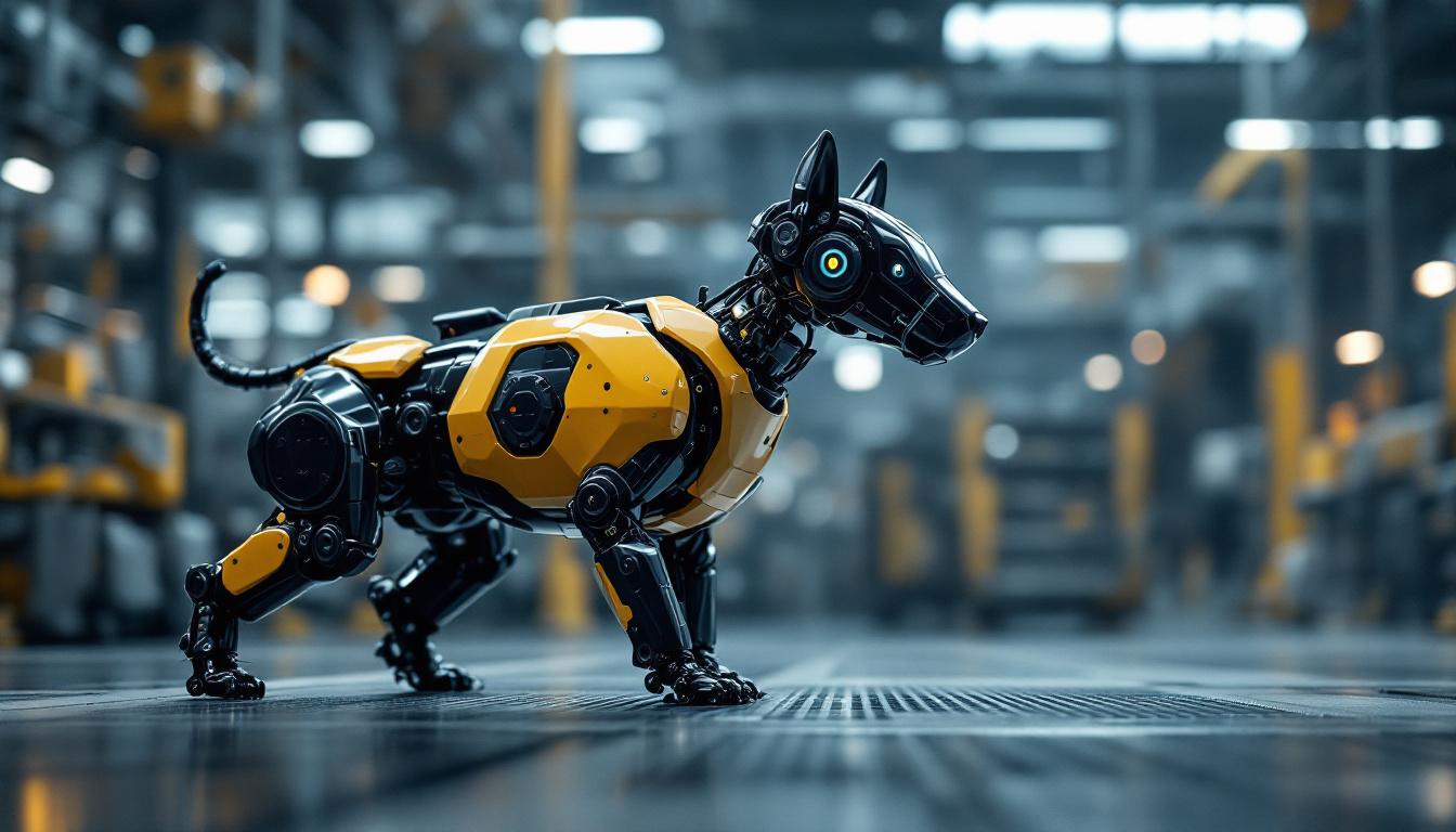 A photograph of a sleek industrial robotic dog in action