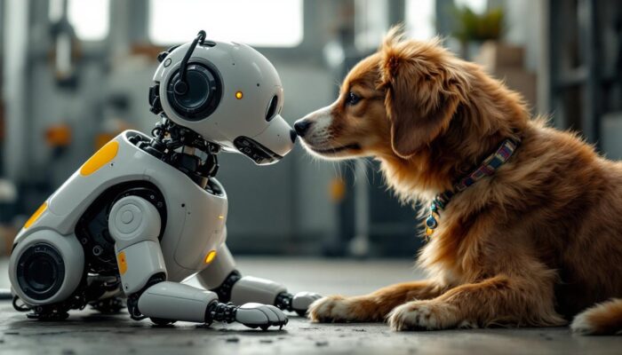 A photograph of a playful interaction between a robotic dog and a real dog in the industrial setting of the dog museum nyc