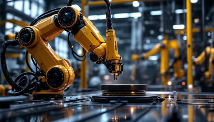 A photograph of a sleek industrial robotic arm in action