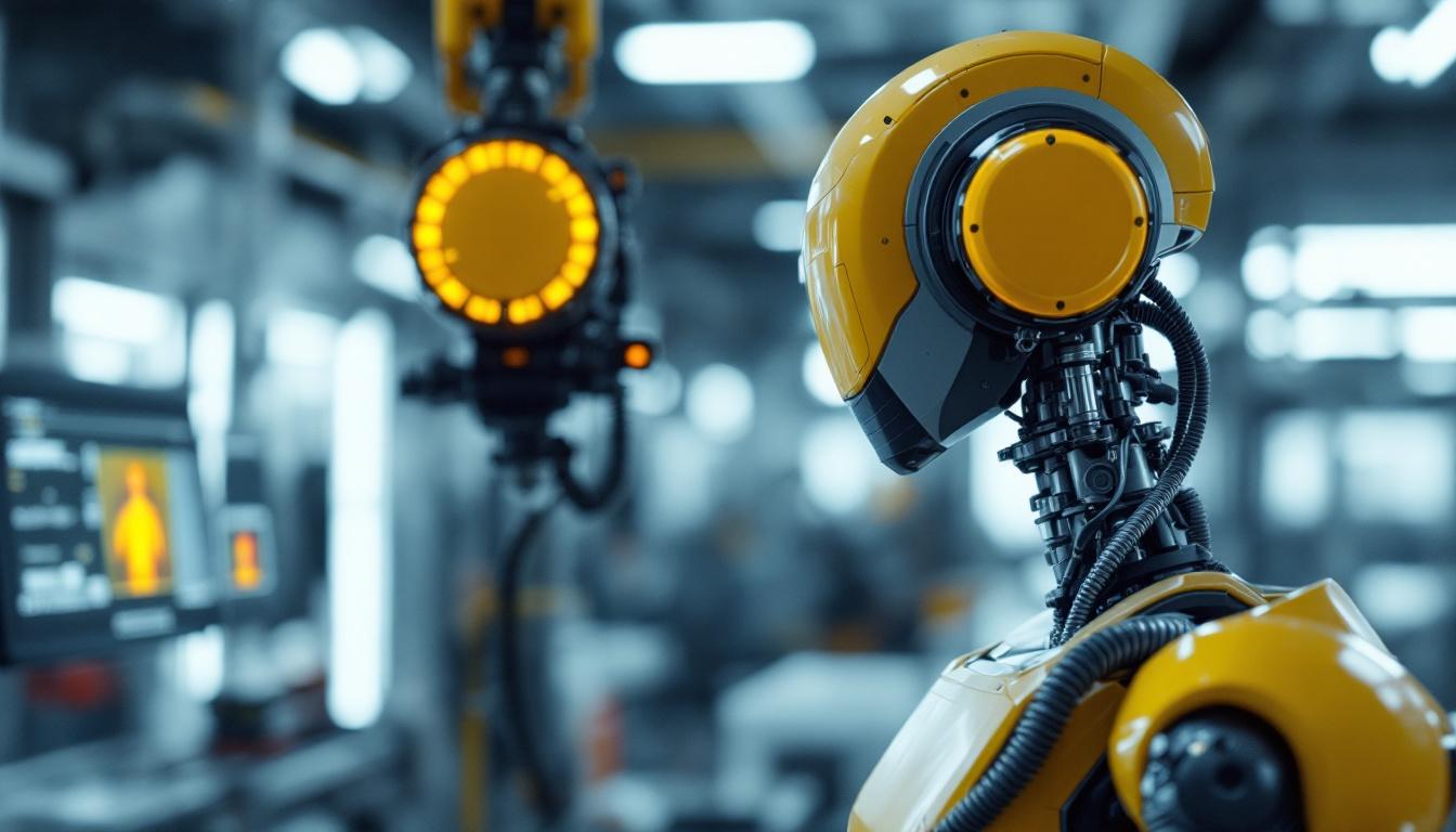 A photograph of capture a photograph of an industrial robot equipped with a thermal driving camera in action