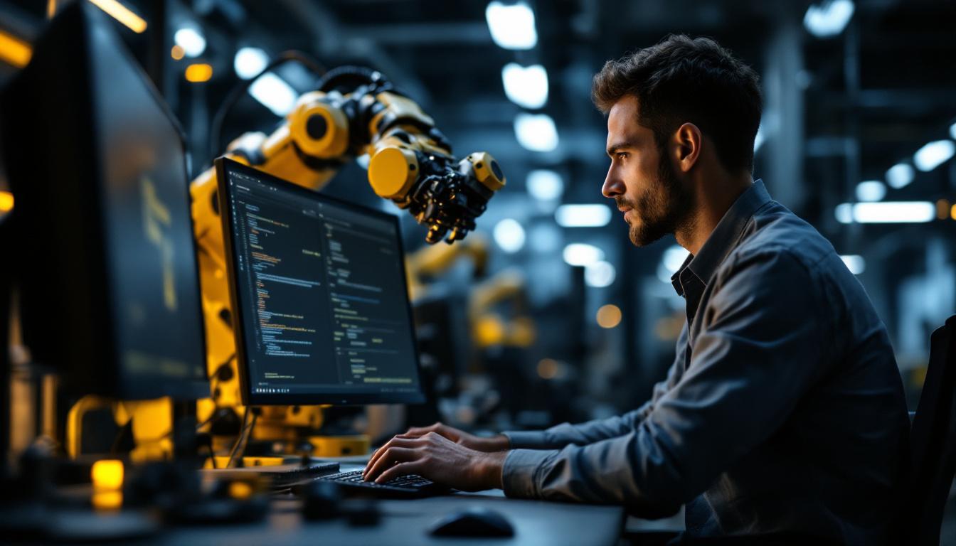 A photograph of a focused fpga engineer working on a computer with an industrial robotic arm in the background
