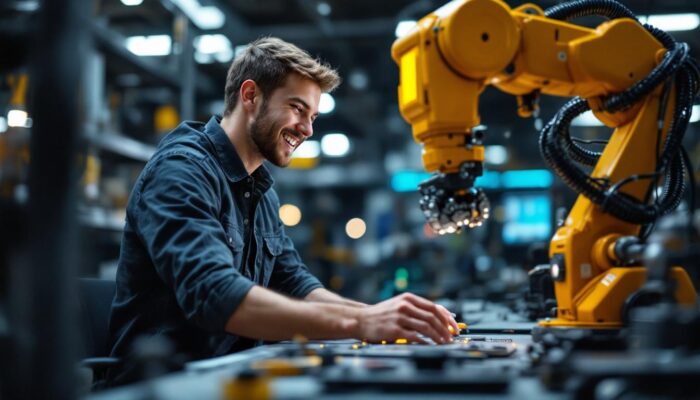 A photograph of a young software engineer enthusiastically interacting with an industrial robot in a modern workspace