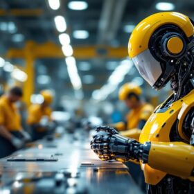 A photograph of a sleek industrial robot in action within a modern manufacturing environment