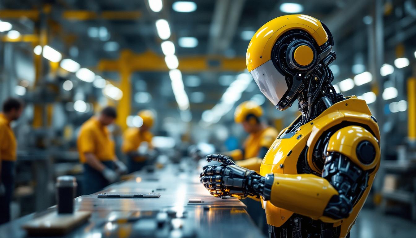 A photograph of a sleek industrial robot in action within a modern manufacturing environment