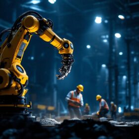 A photograph of a sleek industrial robotic arm in action