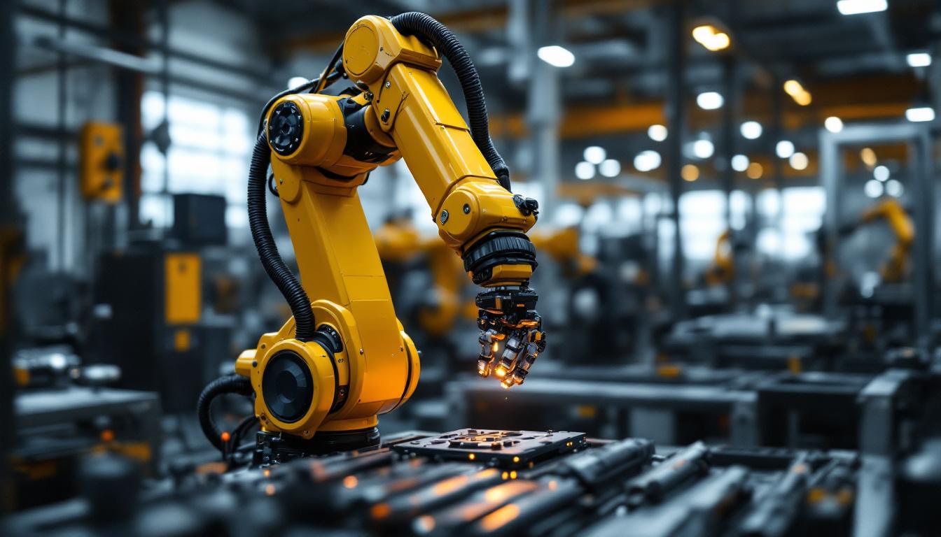 A photograph of a sleek industrial robotic arm in action within a modern manufacturing environment