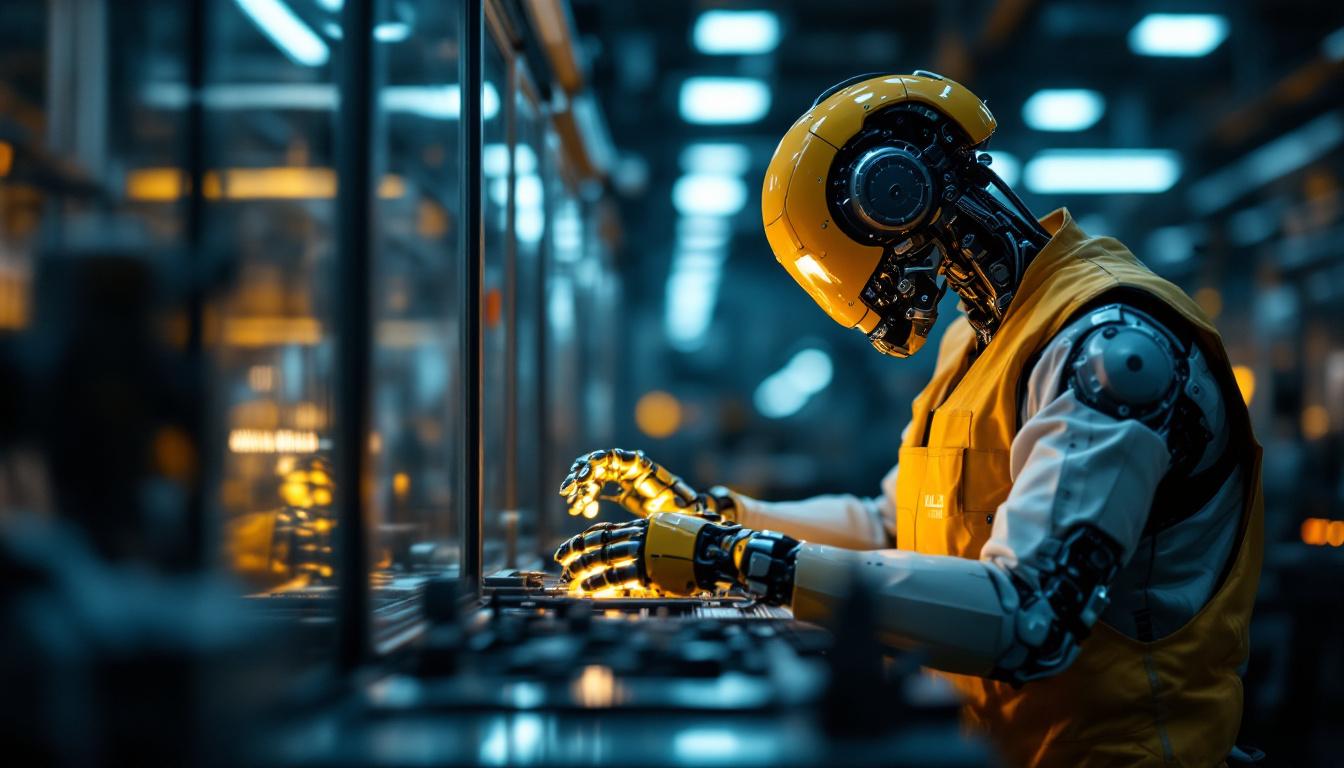 A photograph of capture a photograph of a modern industrial robot in action within a manufacturing setting